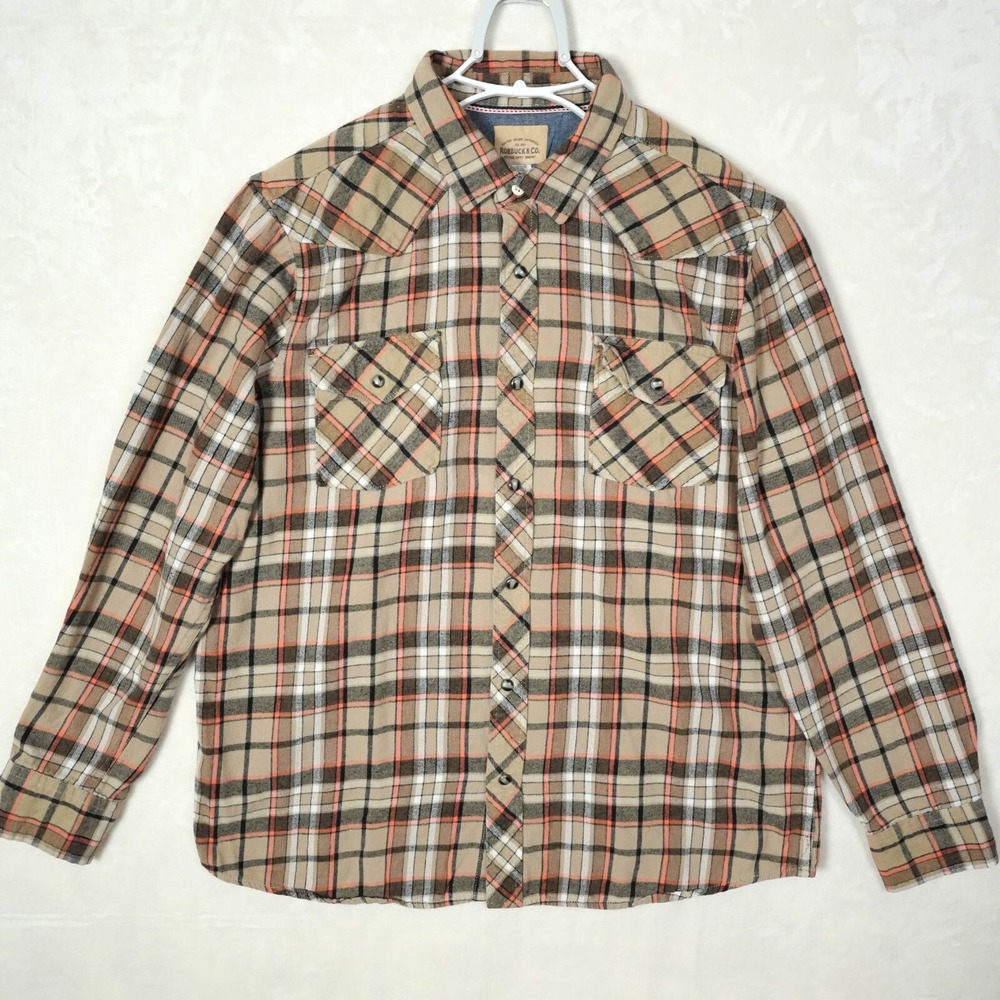 Roebuck & Co Mens XL Western Plaid Flannel Shirt Tan Orange Snap‎ Button - READ